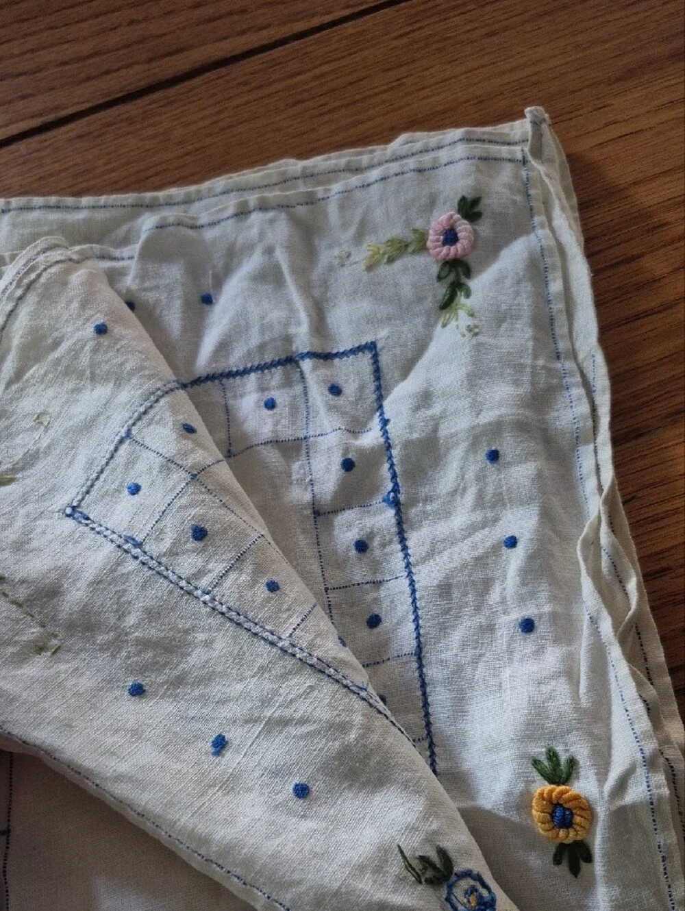 Embroidered Floral Cotton Place Mats - Blue on White